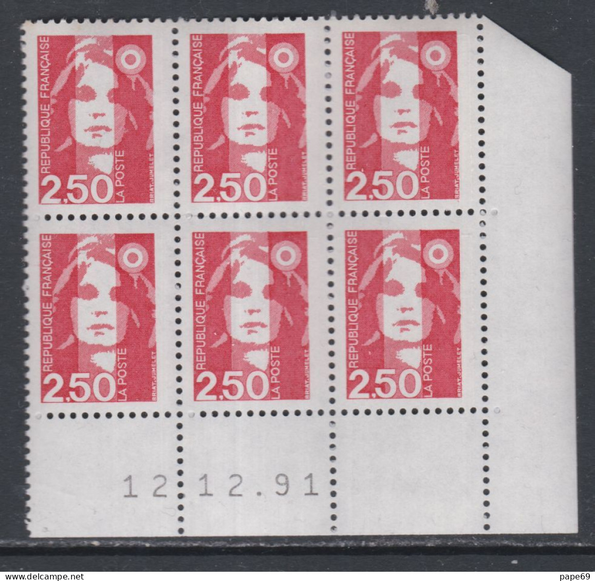 France N° 2715 XX Marianne De Briat  2 F. 50  Rouge En Bloc De 6 Coin Daté Du 12 - 12 - 91 ;  Sans Charnière TB - 1990-1999