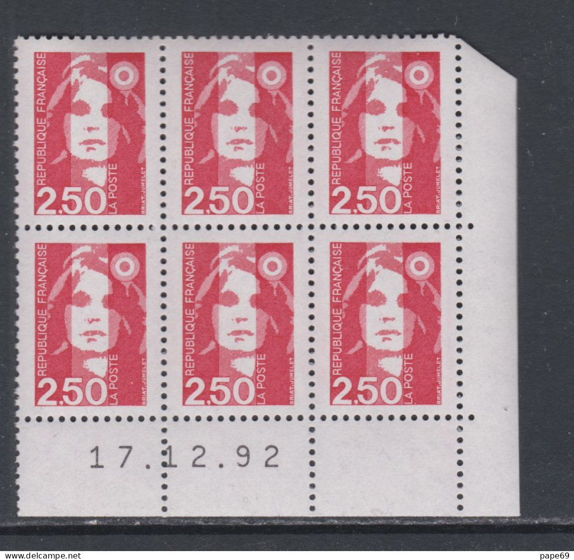 France N° 2715 XX Marianne De Briat  2 F. 50  Rouge En Bloc De 6 Coin Daté Du 17 - 12 - 92 ;  Sans Charnière TB - 1990-1999