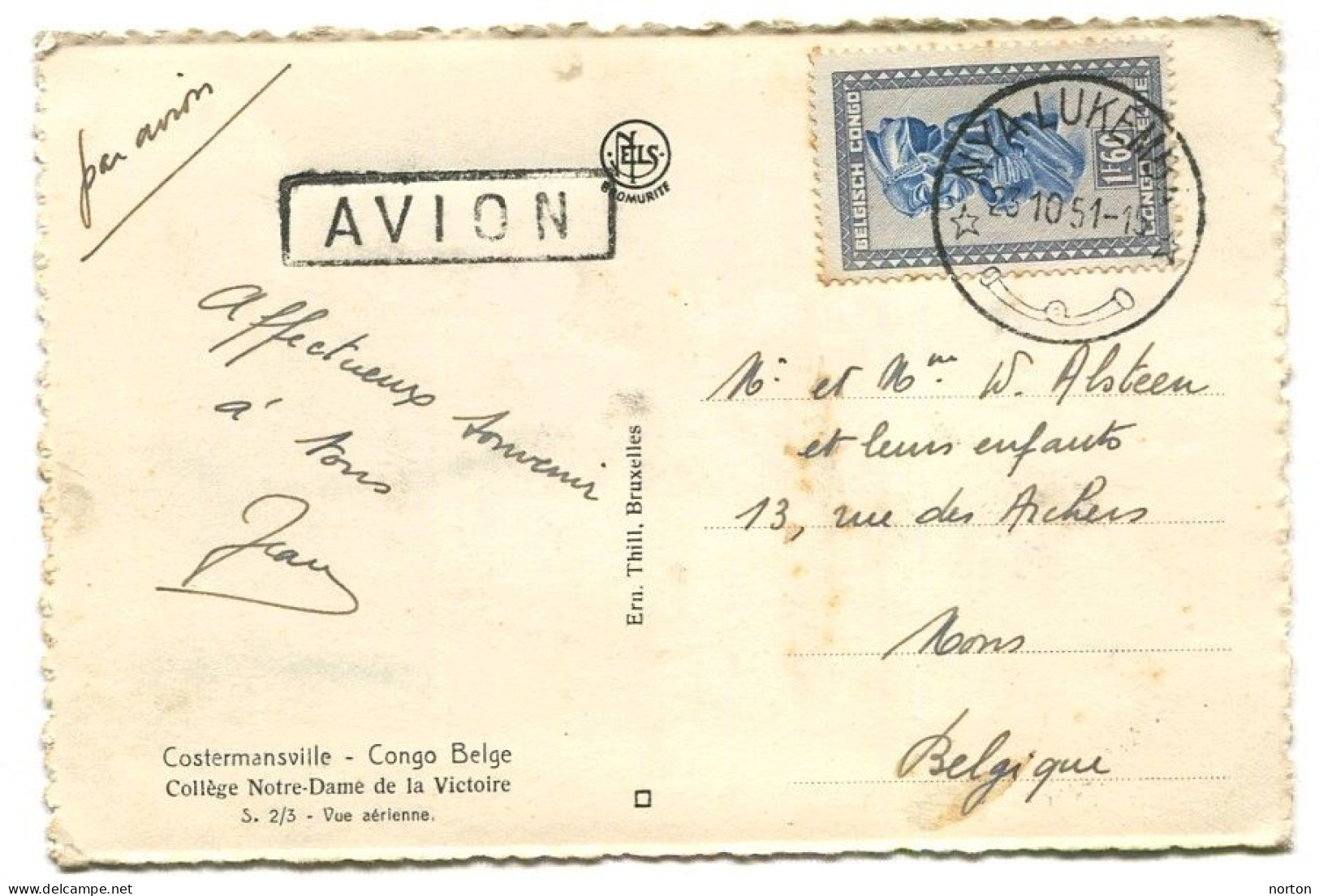 Congo Nya-Lukemba Oblit. Keach 8B1 Sur C.O.B. 286B  Sur Carte Postale Vers Mons Le 23/10/1951 - Lettres & Documents