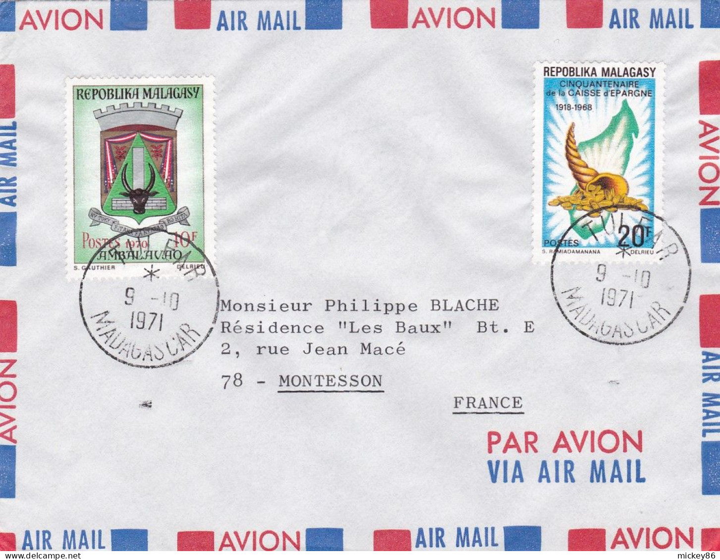 MADAGASCAR--1971- Lettre TULEAR  à MONTESSON-78 (France).timbres 50 Ans Caisse D'épargne, Blason....cachet - Madagascar (1960-...)