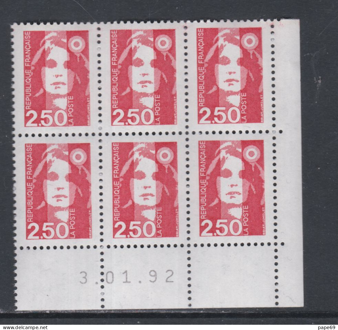 France N° 2715 XX Marianne De Briat  2 F. 50  Rouge En Bloc De 6 Coin Daté Du 3 - 01 - 92 ;  Sans Charnière TB - 1990-1999