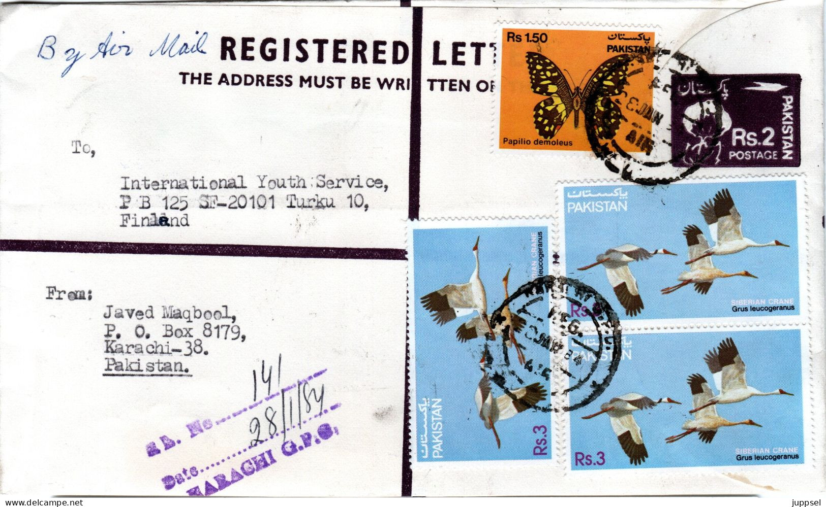 PAKISTAN, Letter, Siberian Cranes, Butterfly   /  Lettre, Grues Sibériennes, Papillon - Kranichvögel