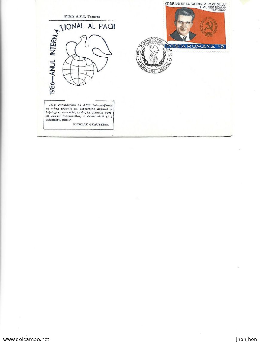 Romania - Occasional Env 1986 -  International Year Of Peace 1986 - Philatelic Exhibition ,Focsani - Marcophilie