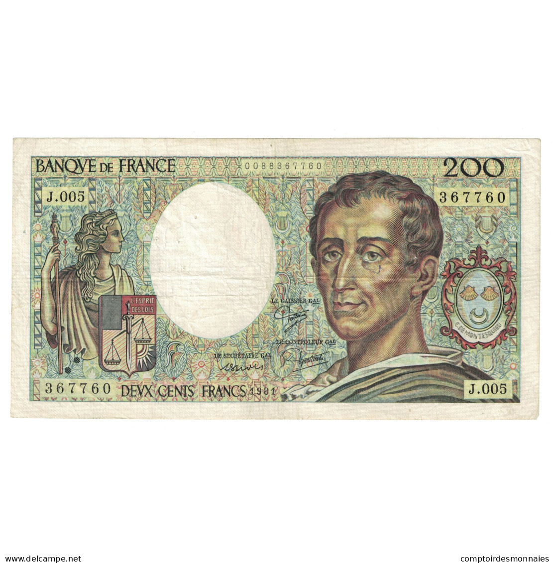 France, 200 Francs, Montesquieu, 1981, J.005 367760, TB+, Fayette:70.1, KM:155a - 200 F 1981-1994 ''Montesquieu''