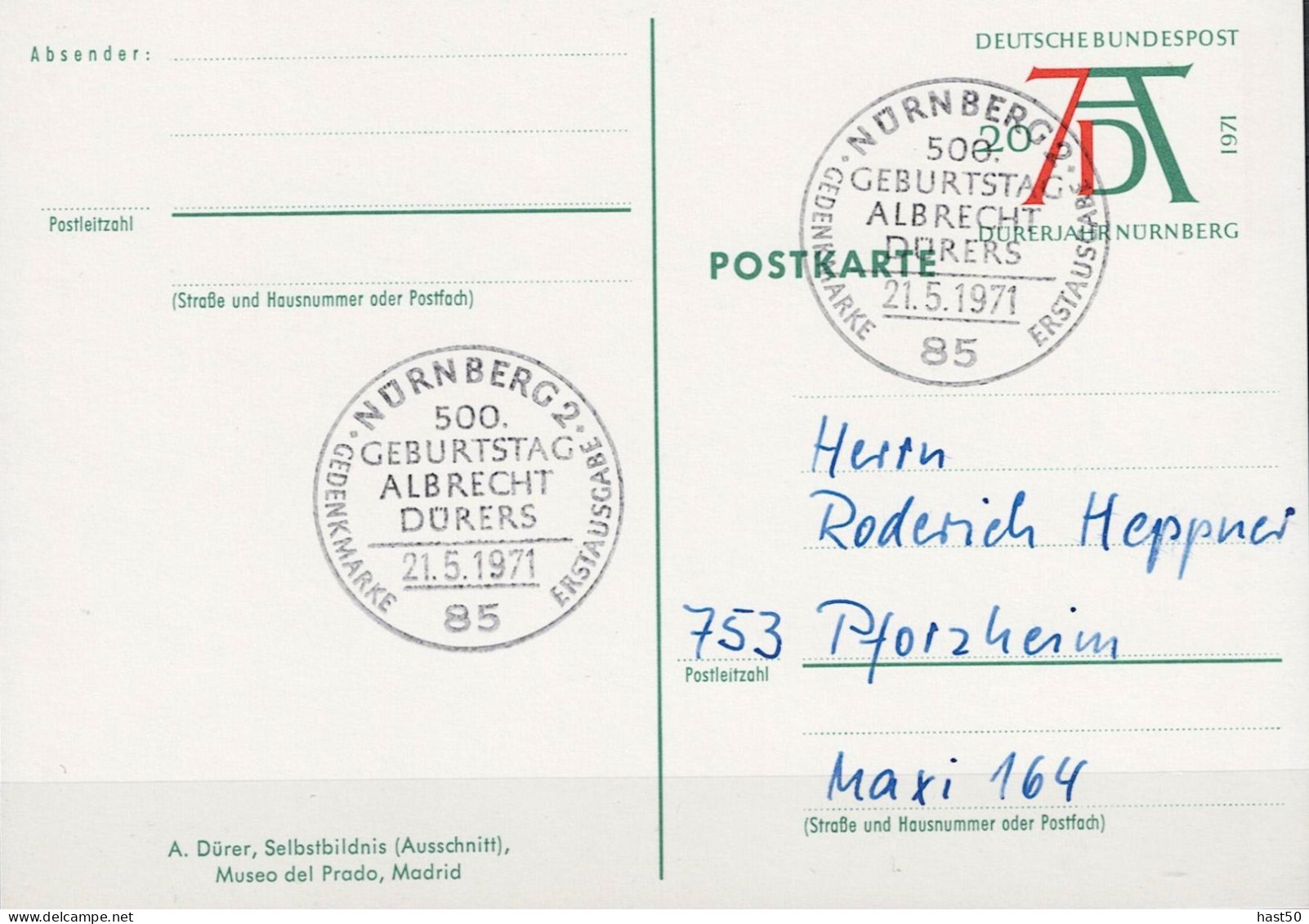 BRD FGR RFA - Sonderpostkarte Dürer Selbstbildnis (MiNr: PSo 3/01) 1971 - Siehe Scan - Cartes Postales - Oblitérées