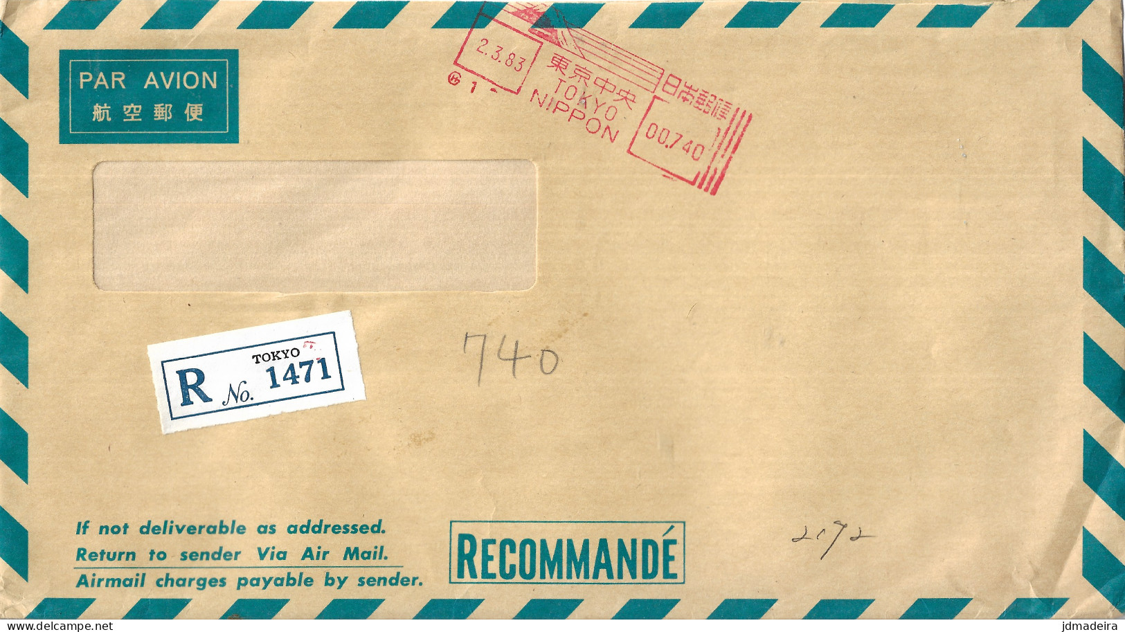 Japan Registered Cover Meter Stamp - Brieven En Documenten