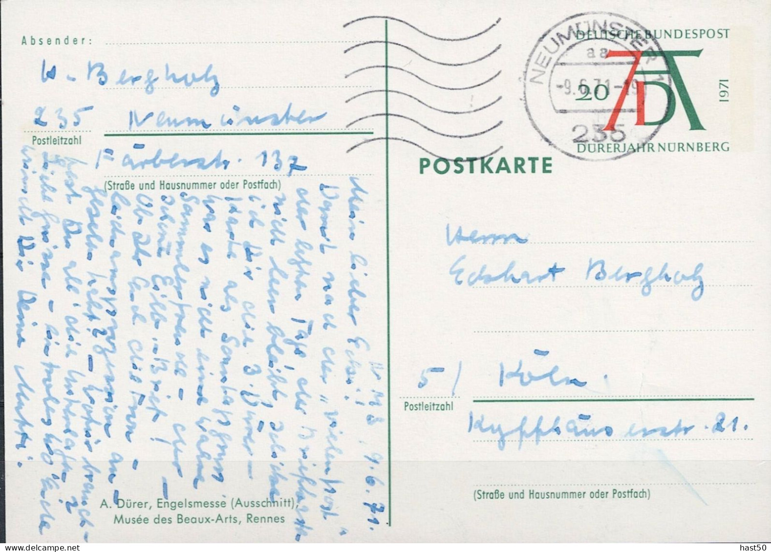 BRD FGR RFA - Sonderpostkarte Dürer Engelsmesse (MiNr: PSo 3/04) 1971 - Siehe Scan - Cartoline - Usati