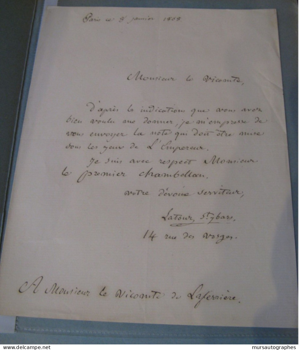 ISIDORE LATOUR SAINT-YBARS Autographe Signé 1868 DRAMATURGE RACHEL à LAFERRIERE - Politisch Und Militärisch