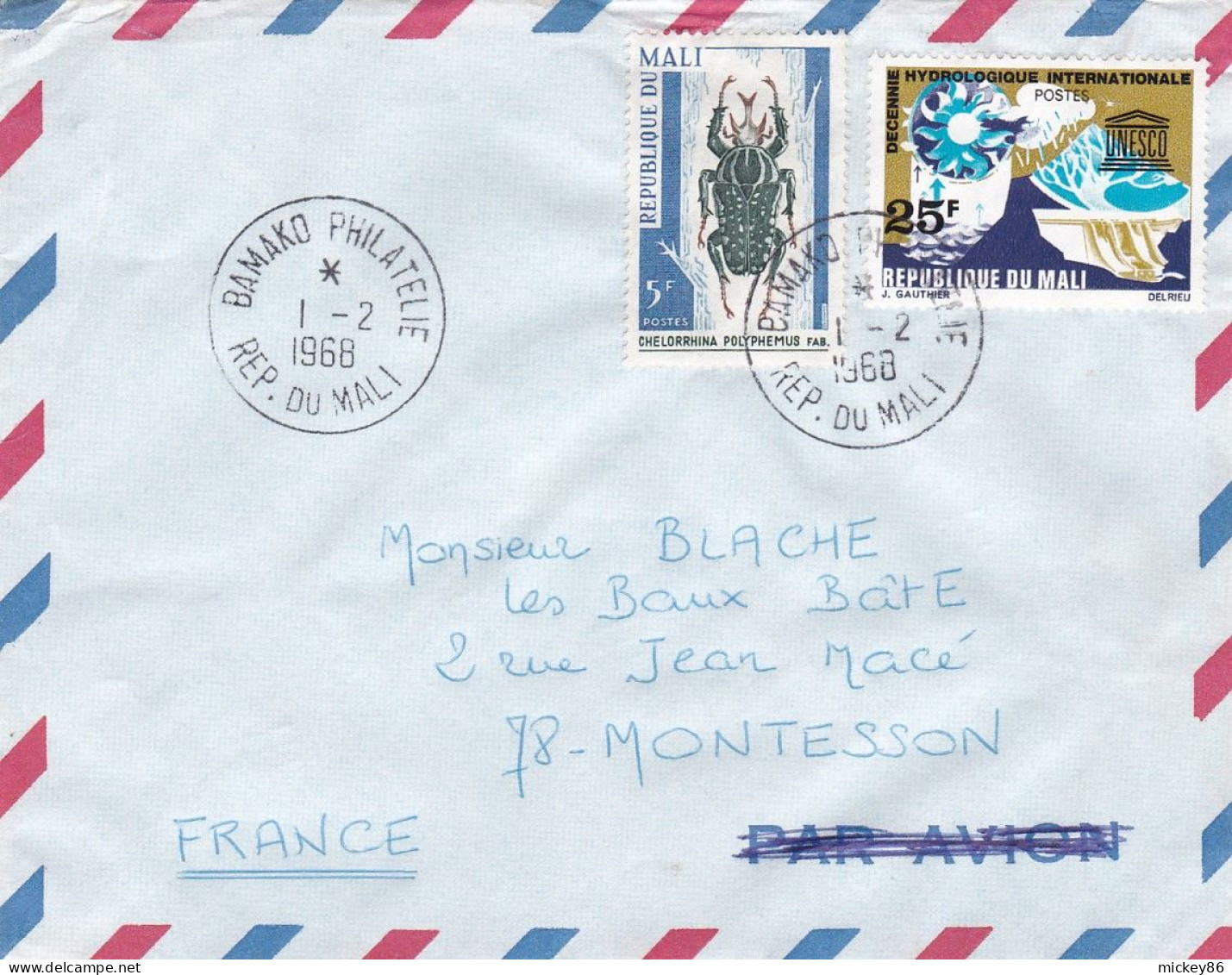 MALI --1968- Lettre BAMAKO  à MONTESSON-78 (France)....timbres Insecte + Unesco.....cachet Bamako Philatélie - Malí (1959-...)