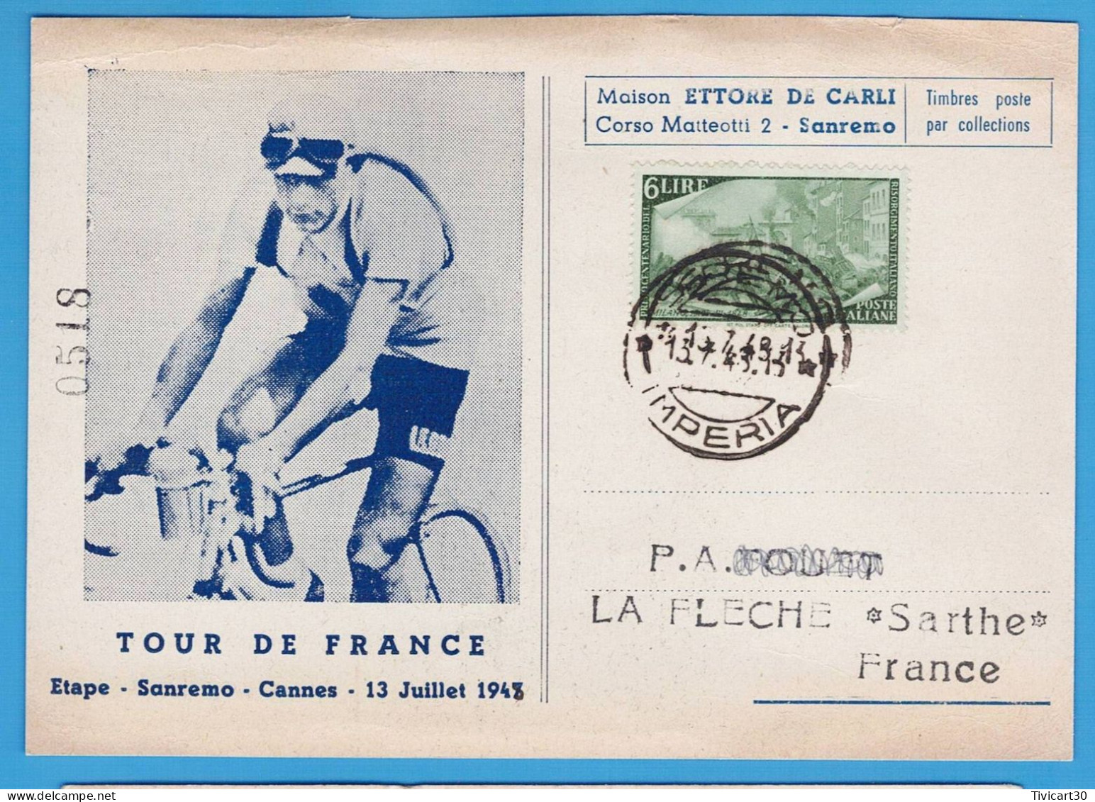 CP CYCLISME - TOUR DE FRANCE 1948 - ETAPE SANREMO (ITALIE) CANNES DU 13 JUILLET 1948 - MAISON ETTORE DE CARLI - Cyclisme