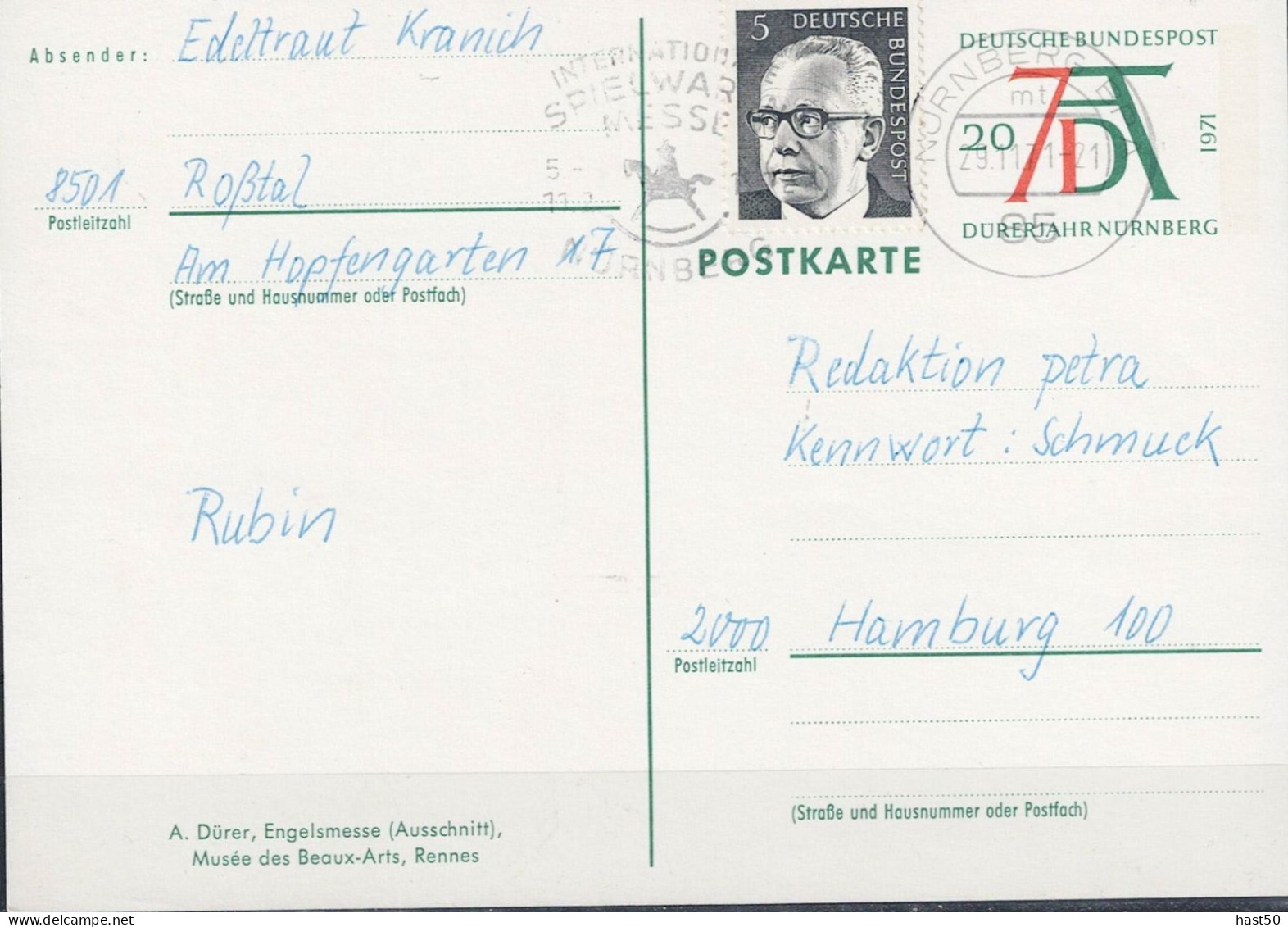 BRD FGR RFA - Sonderpostkarte Dürer Engelsmesse (MiNr: PSo 3/04) 1971 - Siehe Scan - Postales - Usados