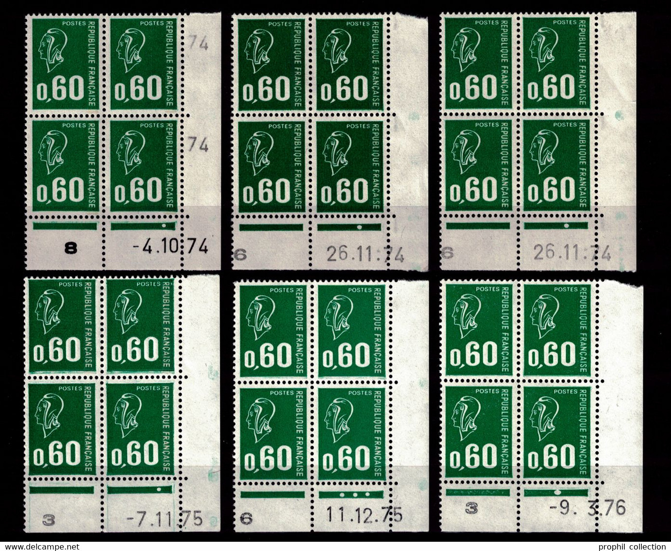 LOT De 6 COINS DATÉS Au TYPE MARIANNE DE BEQUET YT N° 1814 NEUF ** Entre 1974 ET 1976 60c VERT - 1970-1979