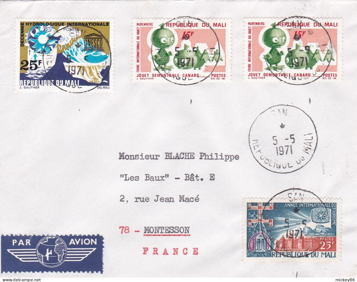 MALI --1971- Lettre SAN  à MONTESSON-78 (France)....timbres  Jouet  + Unesco.....cachet - Malí (1959-...)