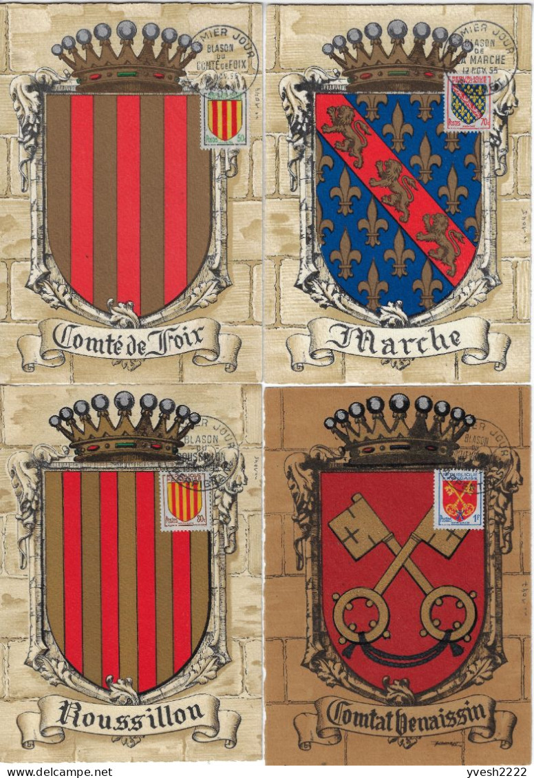 France 1955 Y&T 1044 à 1047, Cartes Maxima. Armoiries Des Provinces. Comté De Foix, Marche, Roussillon, Comtat Venaissin - 1941-66 Coat Of Arms And Heraldry