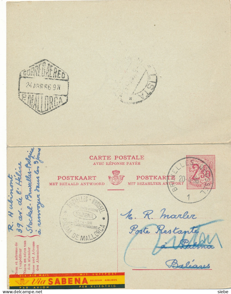 Entiers 151 AFN 2.50 - Réponse Payé – Via SABENA FFC Palma De Mallorca 24-4-56 - Antwoord-betaald Briefkaarten