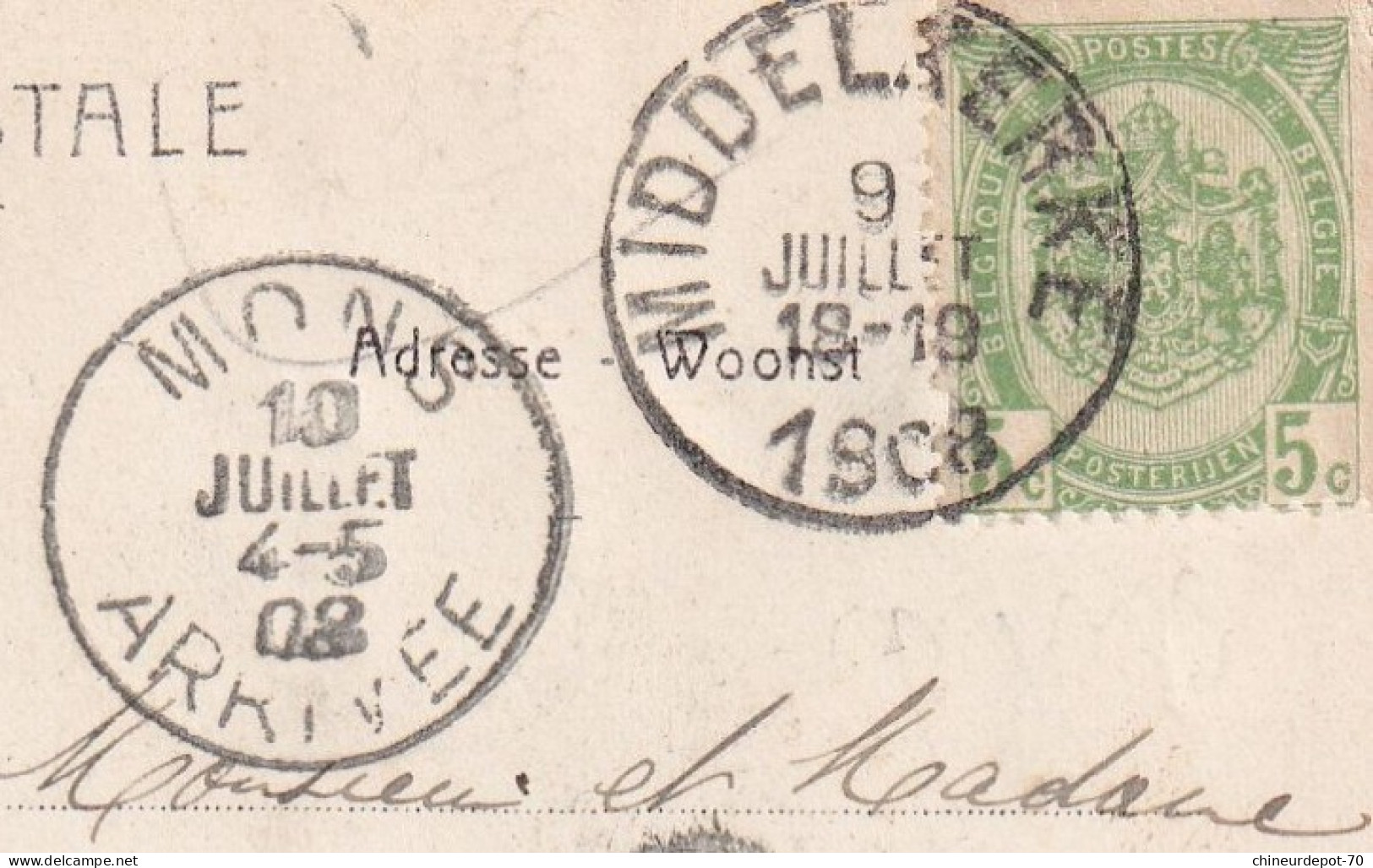 Middelkerke ARMOIRIES SIMPLE CERCLE 1908 & CACHET MONS 10 JUILLET 1908 ARRIVEE - 1893-1907 Coat Of Arms