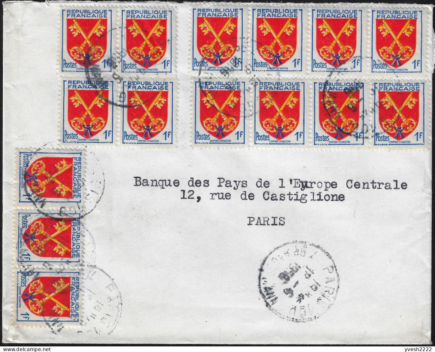France 1955 Y&T 1047, Lettre Commerciale Affranchie De 15 Timbres à 1 F. Armoiries Des Provinces. Comtat Venaissin. Clés - 1941-66 Coat Of Arms And Heraldry