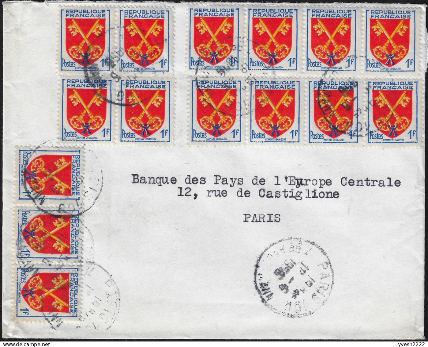 France 1955 Y&T 1047, Lettre Commerciale Affranchie De 15 Timbres à 1 F. Armoiries Des Provinces. Comtat Venaissin. Clés - 1941-66 Armoiries Et Blasons