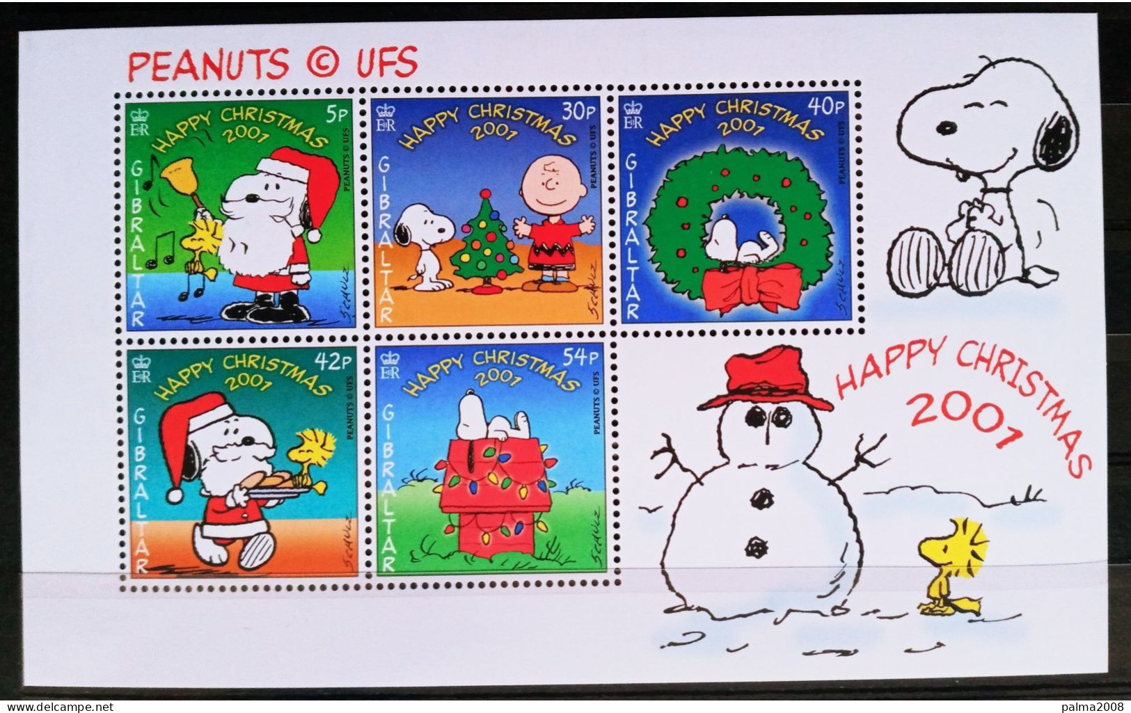 GIBRALTAR - IVERT HOJA BLOQUE Nº 48 NUEVOS ** NAVIDAD AÑO 2001 DIBUJOS DE SNOOPY - Gibraltar