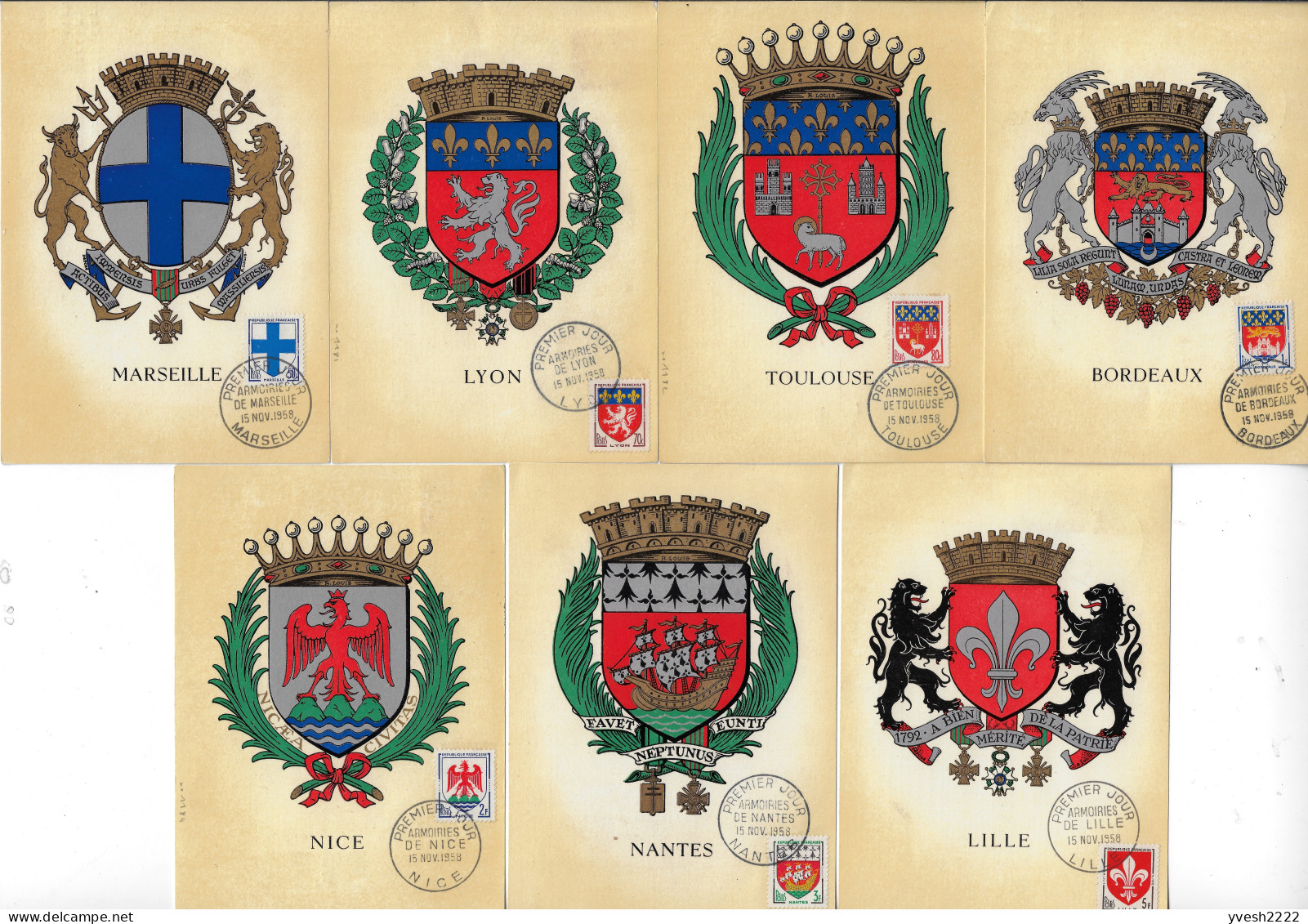 France 1958 Y&T 1180 à 1186 Sur Cartes Maxima. Armoiries Des Villes. Marseille, Lyon Toulouse Bordeaux Nice Nantes Lille - 1941-66 Coat Of Arms And Heraldry