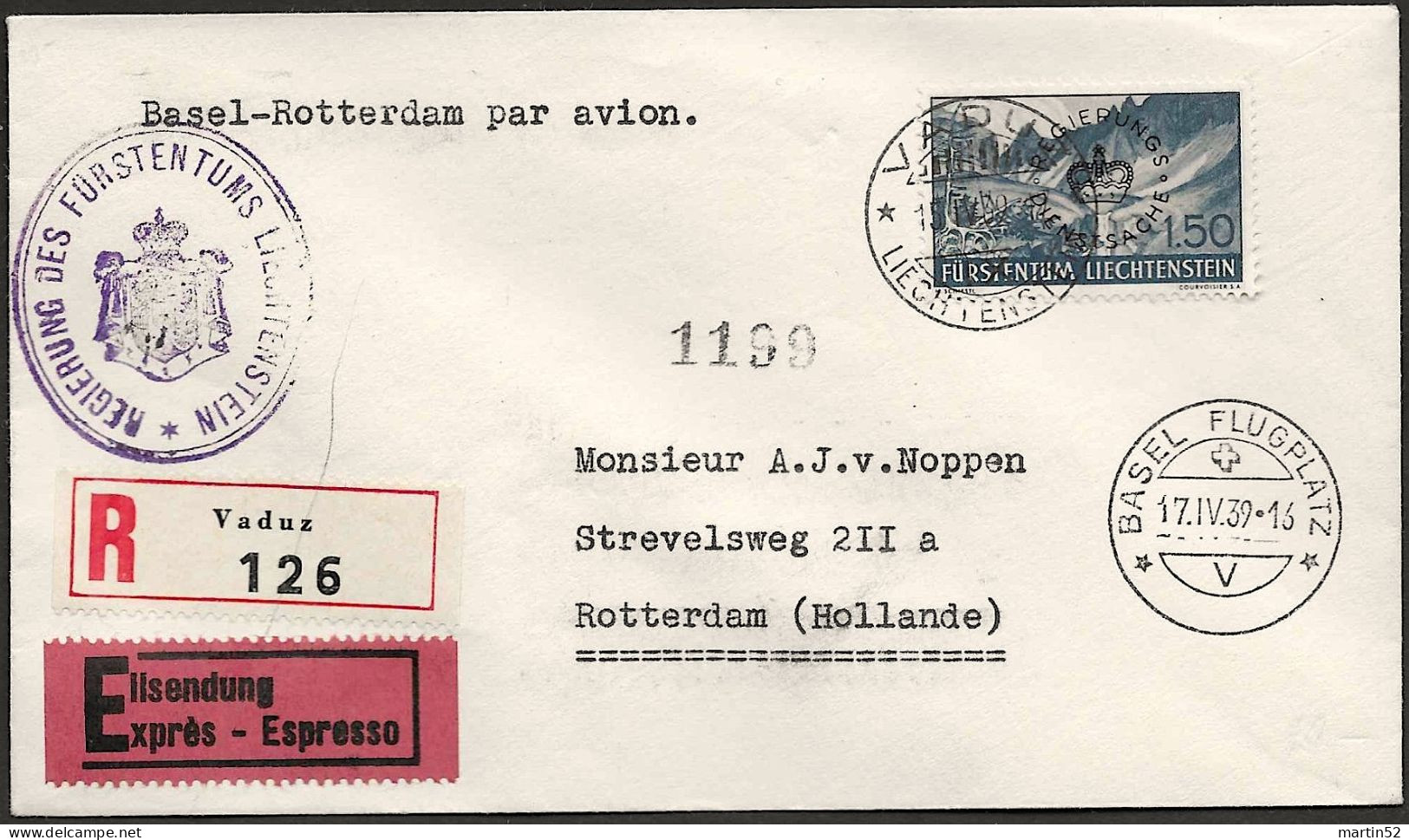 Liechtenstein 1939: Erstflug (ED) Basel-Rotterdam Mit Zu D28 Mi D27 Yv TS27 Mit ⊙ VADUZ 13.IV.39 Via BASEL 17.IV.39 - Air Post