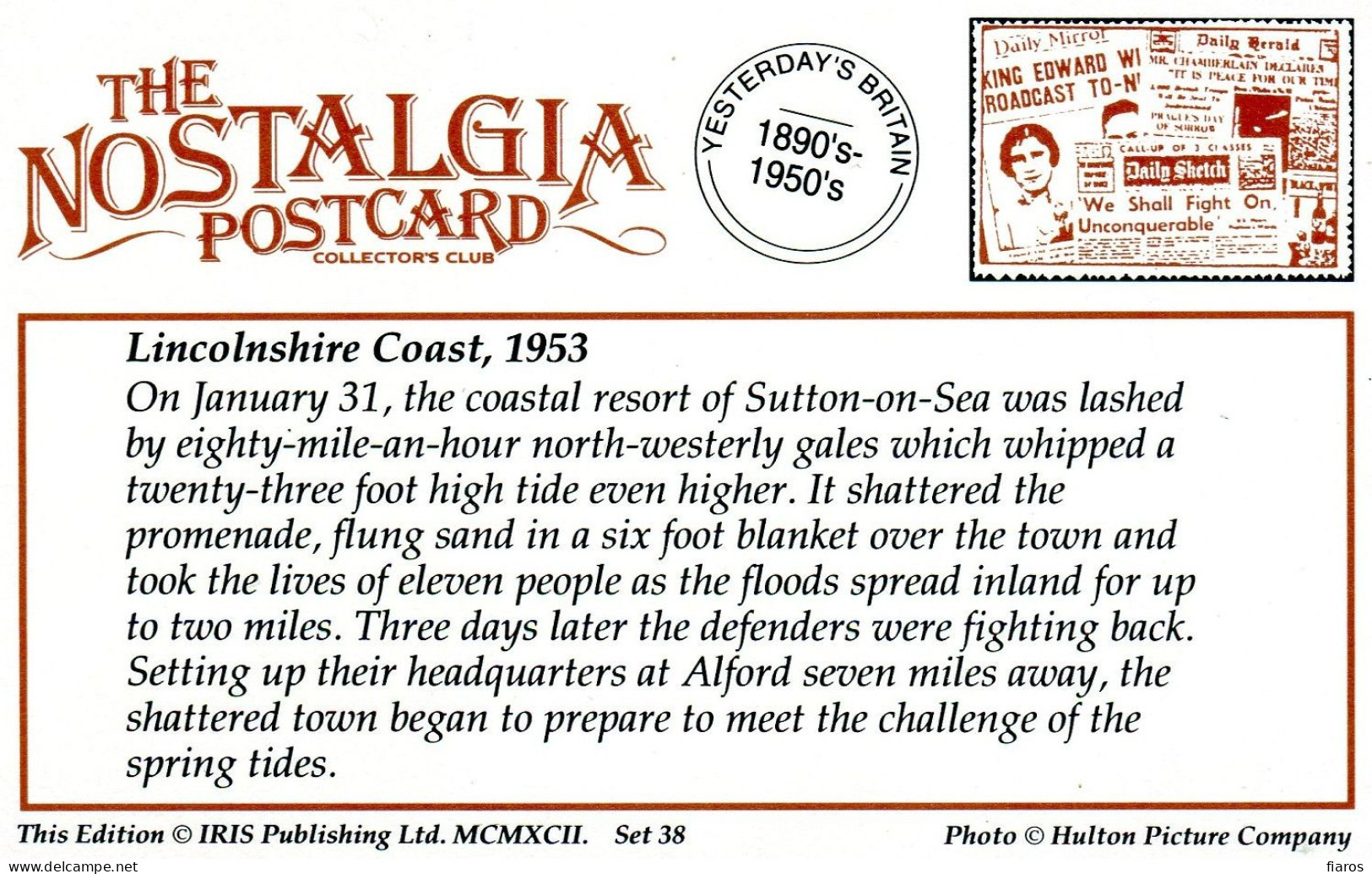 "Lincolnshire Coast, 1953" Gales And Tide In Coastal Resort Of Sutton-on-Sea [CPM Nostalgia Postcard Reproduction Card] - Überschwemmungen