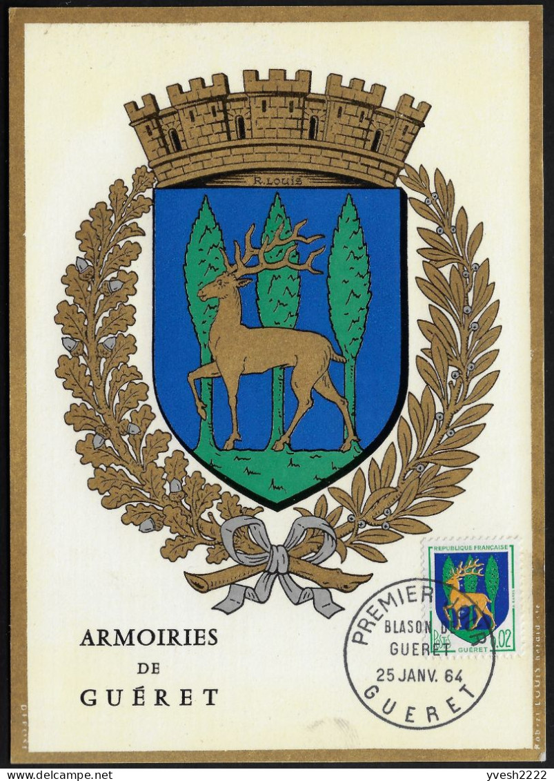 France 1964 Y&T 1351B Sur Carte Maximum. Armoiries Des Villes. Guéret. Cerf - 1941-66 Stemmi E Stendardi