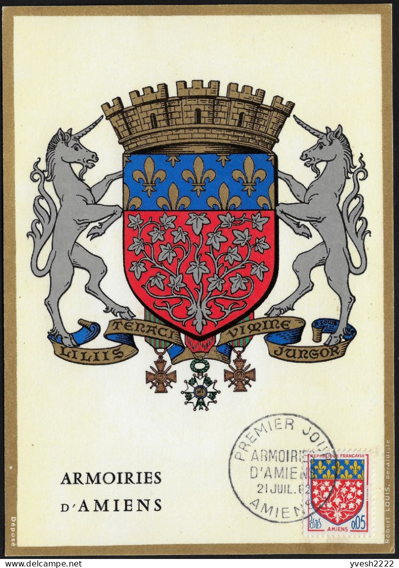 France 1962 Y&T 1352 Sur Carte Maximum. Armoiries Des Villes. Amiens - 1941-66 Coat Of Arms And Heraldry