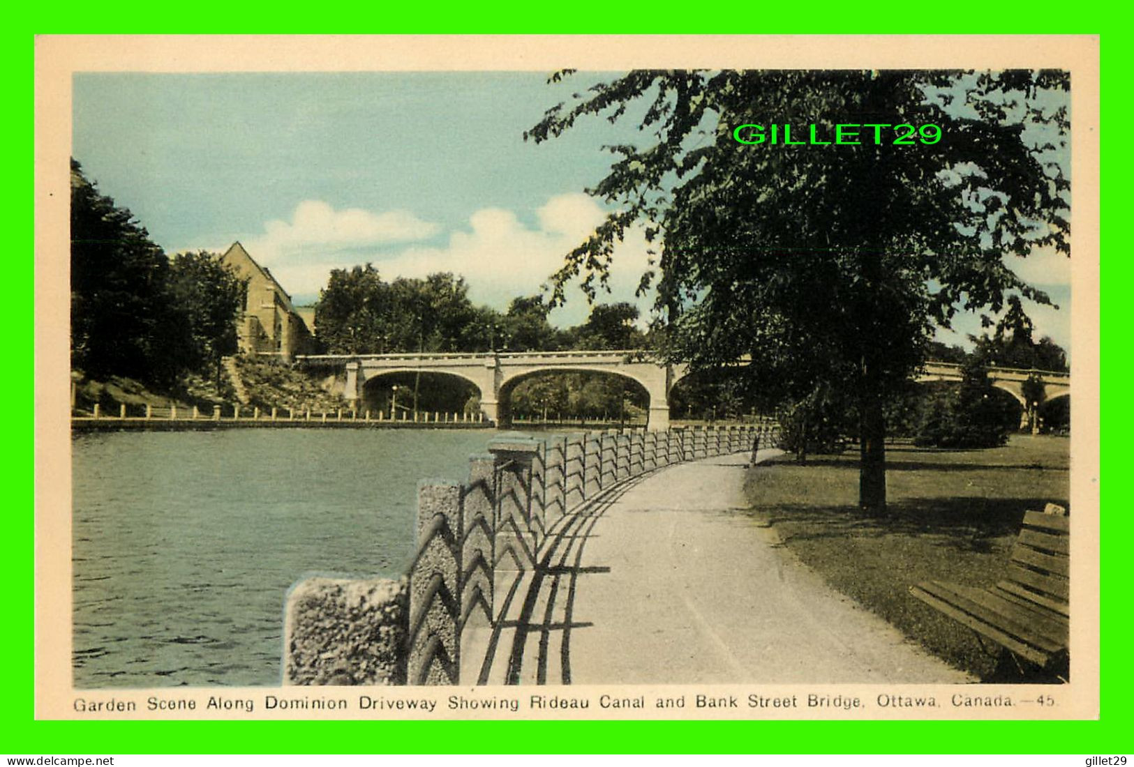 OTTAWA, ONTARIO - GARDEN SCENE ALONG DOMINION DRIVEWAY SHOWING RIDEAU CANAL AND BANK STREET BRIDGE - - Ottawa