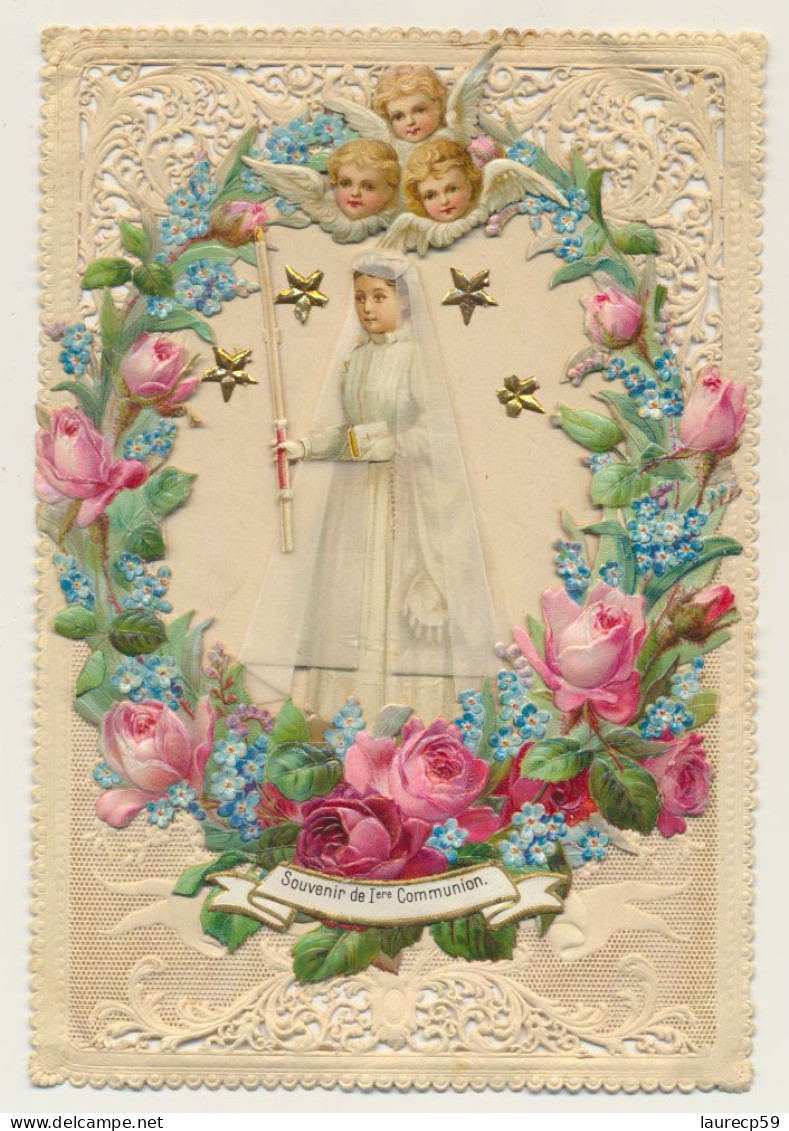 Carte Image Dentelée à Système Communiante Ruban Anges Fleurs.. - Comunioni