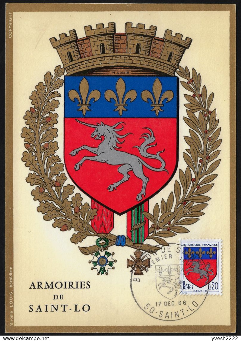 France 1966 Y&T 1510 Sur Carte Maximum. Armoiries Des Villes. Saint-Lô. Licorne - 1941-66 Coat Of Arms And Heraldry