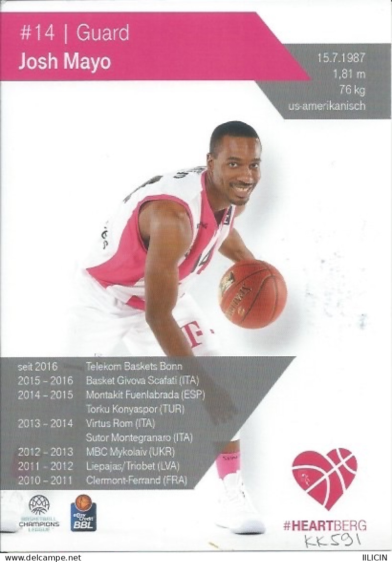 Trading Cards KK000591 - Basketball Germany Telekom Baskets Bonn 10.5cm X 15cm HANDWRITTEN SIGNED: Josh Mayo - Habillement, Souvenirs & Autres