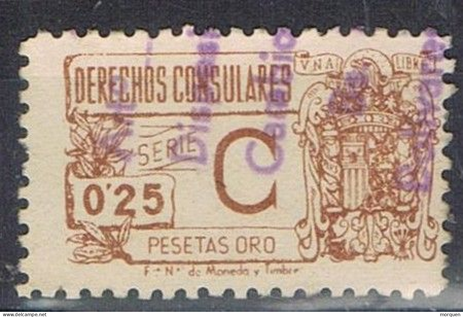 Sello Fiscal Derechos Consulares Españoles 25 Cts, Oro  España, Epoca Franquista º - Fiscaux