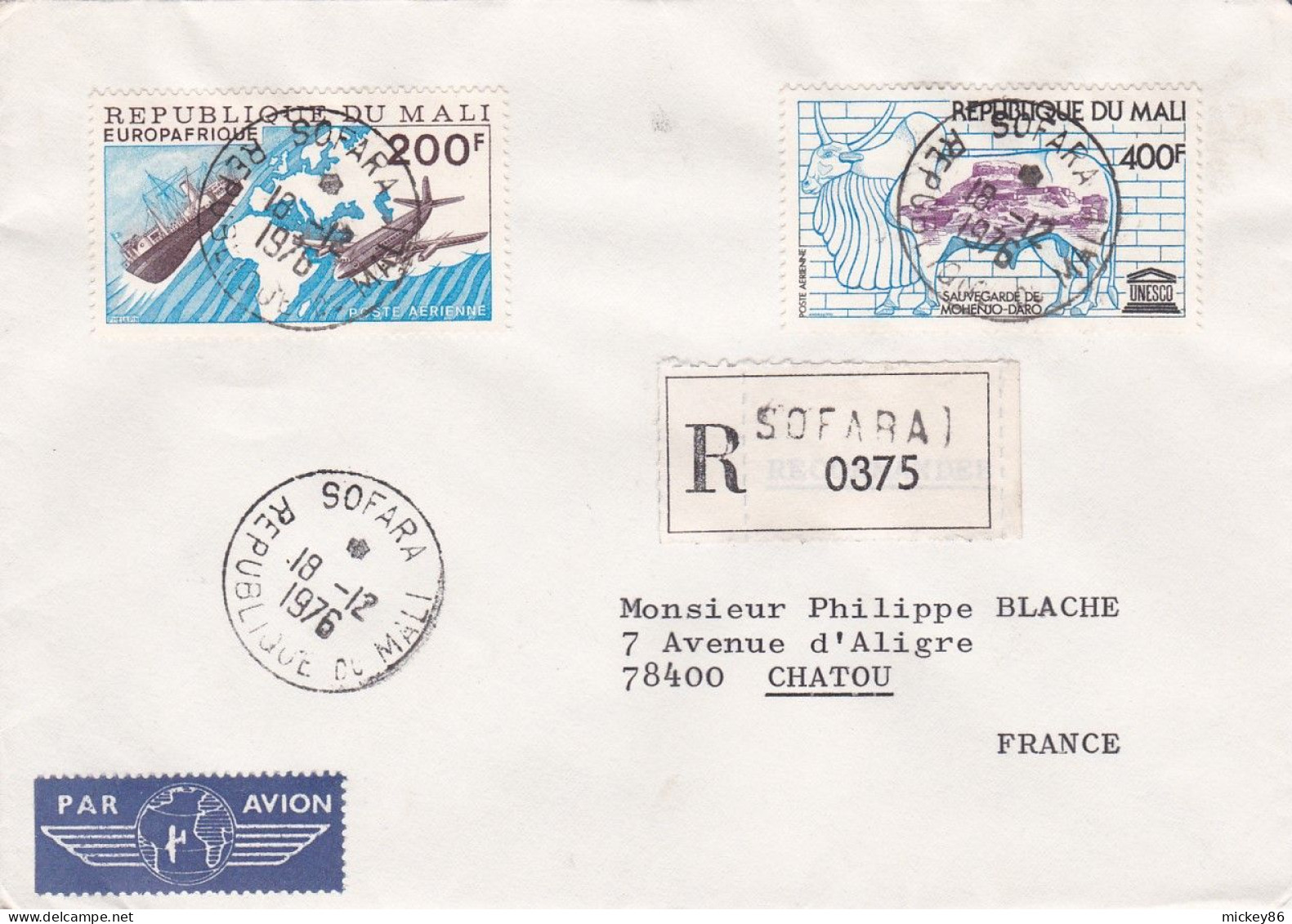 MALI -1976- Lettre Recommandée SOFARA  à  CHATOU-78 (France)...timbres UNESCO, Europafrique (avion, Bateau)    ...cachet - Malí (1959-...)