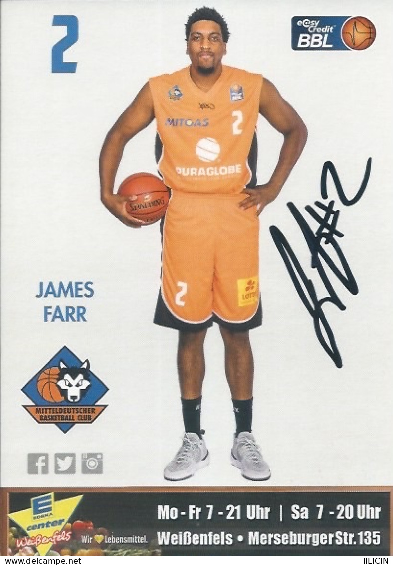 Trading Cards KK000596 - Basketball Germany Mitteldeutscher Weissenfels 10.5cm X 15cm HANDWRITTEN SIGNED: James Farr - Uniformes, Recordatorios & Misc