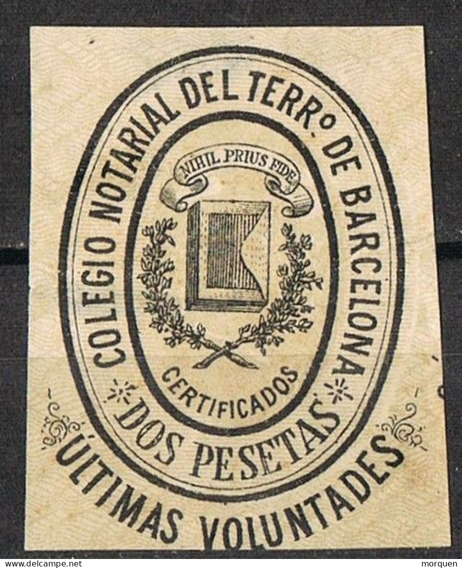 Sello Fiscal BARCELONA, Ultimas Voluntades 2 Pts Certificado, Colegio Notarial º - Revenue Stamps