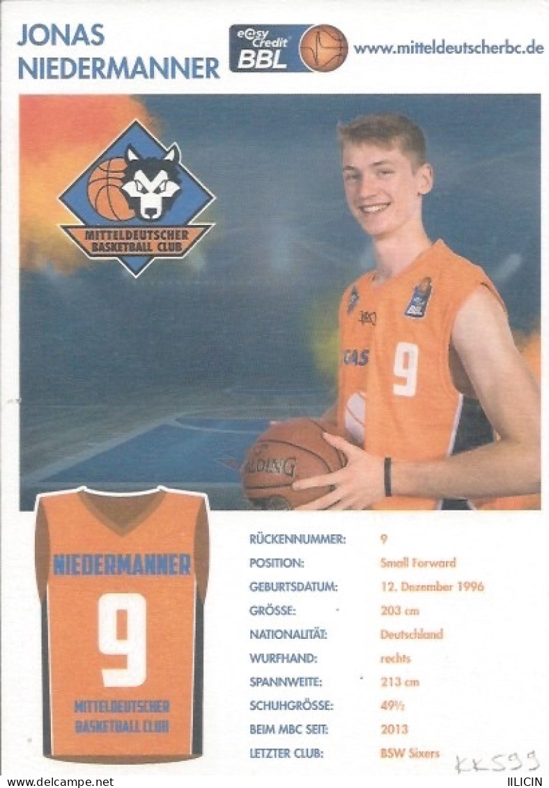 Trading Cards KK000599 Basketball Germany Mitteldeutscher Weissenfels 10.5x15cm HANDWRITTEN SIGNED: Jonas Niedermanner - Apparel, Souvenirs & Other