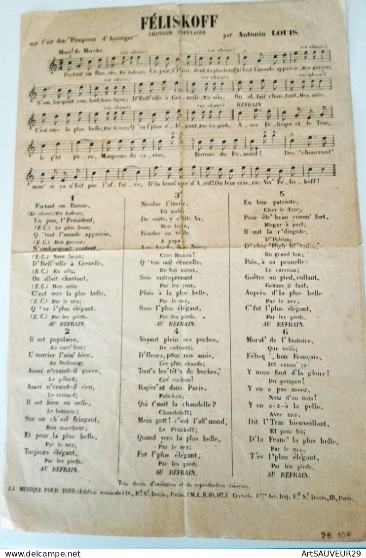 PARTITION FELISKOFF CHANSON ANTONIN LOUIS Sur L'air Des Pioupious D'AUVERGNE 1897 ,? - Cancionero