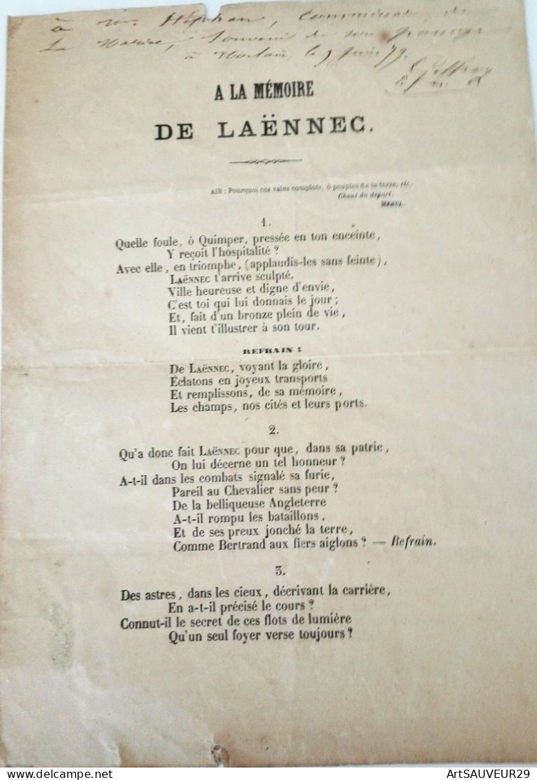 PARTITION  A LA MEMOIRE DE LAENNEC CHANSON P-M GEOFFROY DOCTEUR EN MEDECINE Sur L'air Pourquoi Ces Vains Complots - Chansonniers