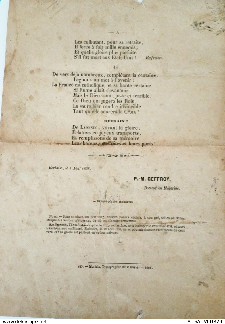 PARTITION  A LA MEMOIRE DE LAENNEC CHANSON P-M GEOFFROY DOCTEUR EN MEDECINE Sur L'air Pourquoi Ces Vains Complots - Jazz