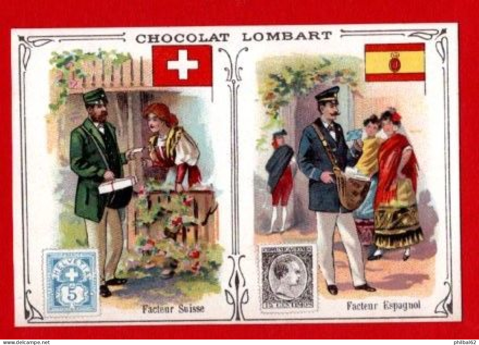 Chromo Chocolat Lombart. Facteurs De Différents Pays. Facteur Suisse Et Facteur Espagnol.. - Lombart