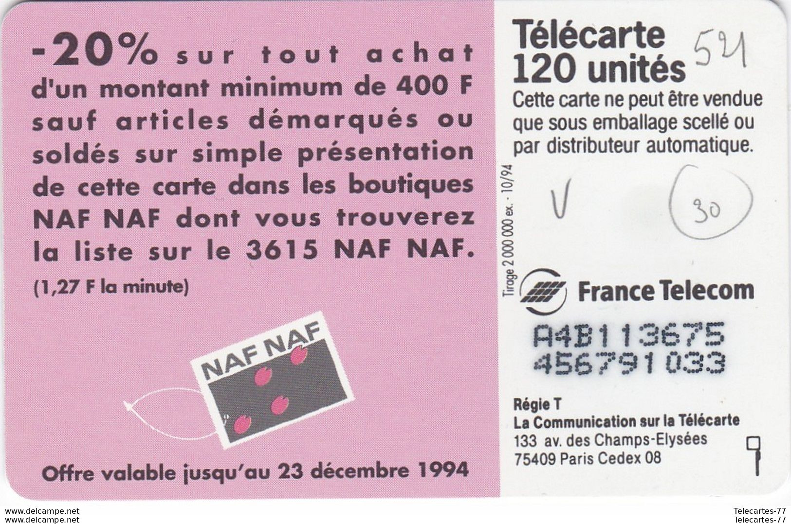 F521-NAF NAF A Collé N° A4B113675-120u-SO5-10/94 - 1994