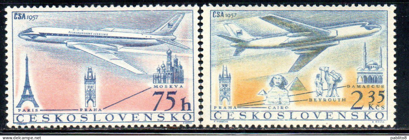 CZECHOSLOVAKIA CECOSLOVACCHIA 1957 AIR POST MAIL AIRMAIL AIRLINE MOSCOW-PRAGUE-PARIS COMPLETE SET SERIE COMPLETA MNH - Corréo Aéreo