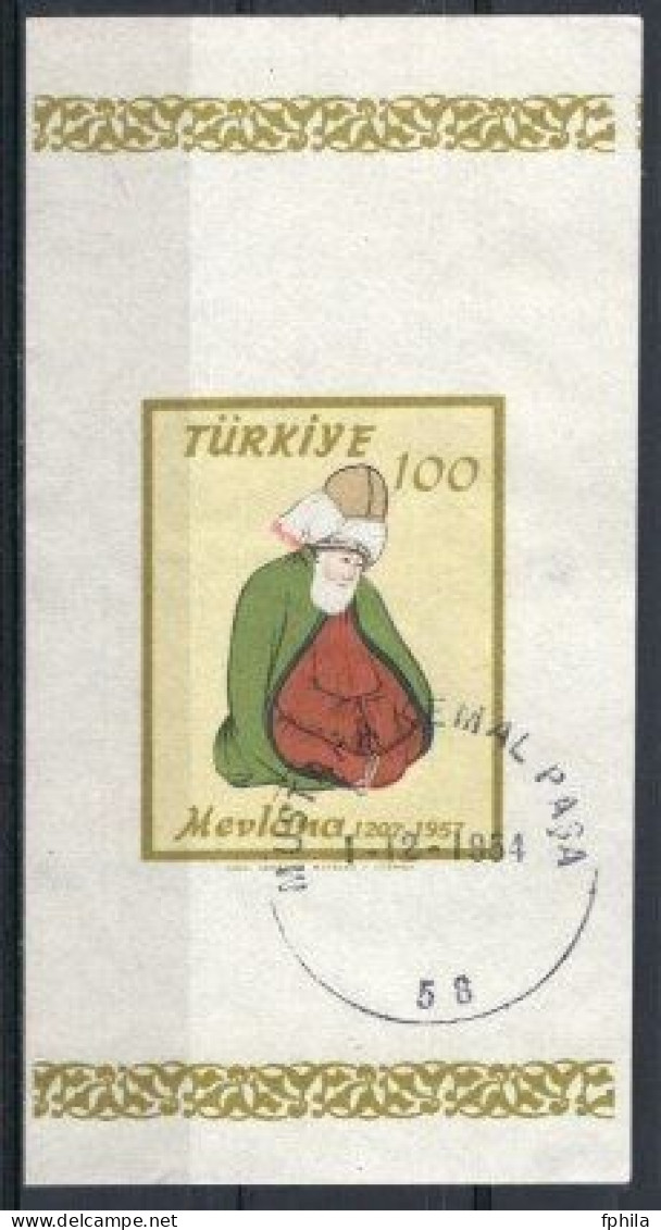 1957 TURKEY 750TH BIRTH ANNIVERSARY OF MEVLANA SOUVENIR SHEET USED - Blocks & Kleinbögen