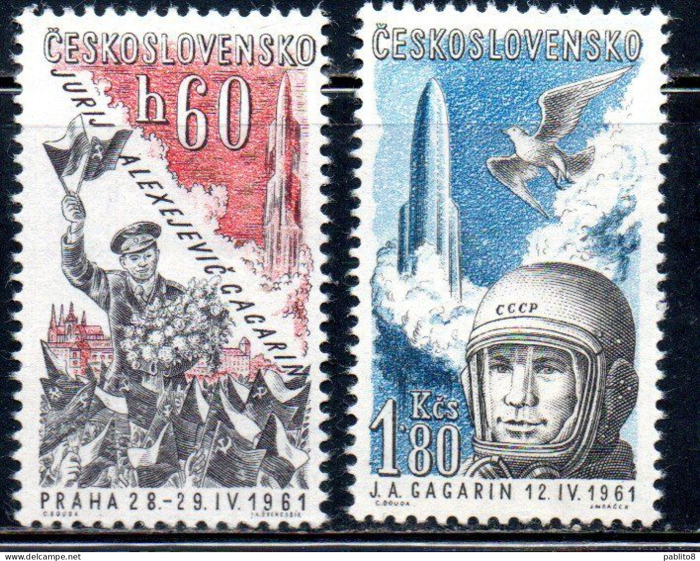 CZECHOSLOVAKIA CECOSLOVACCHIA 1961 AIR POST MAIL AIRMAIL COMMEMORATES MAY GAGARIN' VISIT COMPLETE SET SERIE COMPLETA MNH - Poste Aérienne