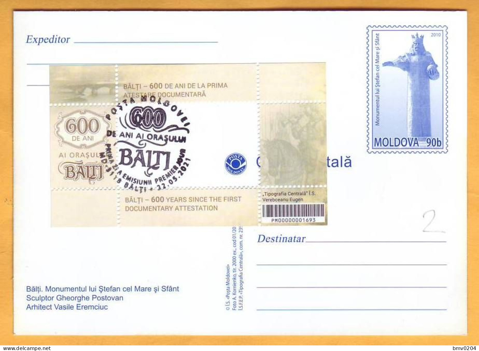 2021 Moldova Moldavie MAXICARD 600 Years Of Balti, Monument, Stefan Cel Mare, Architecture, Block Mint - Monumentos