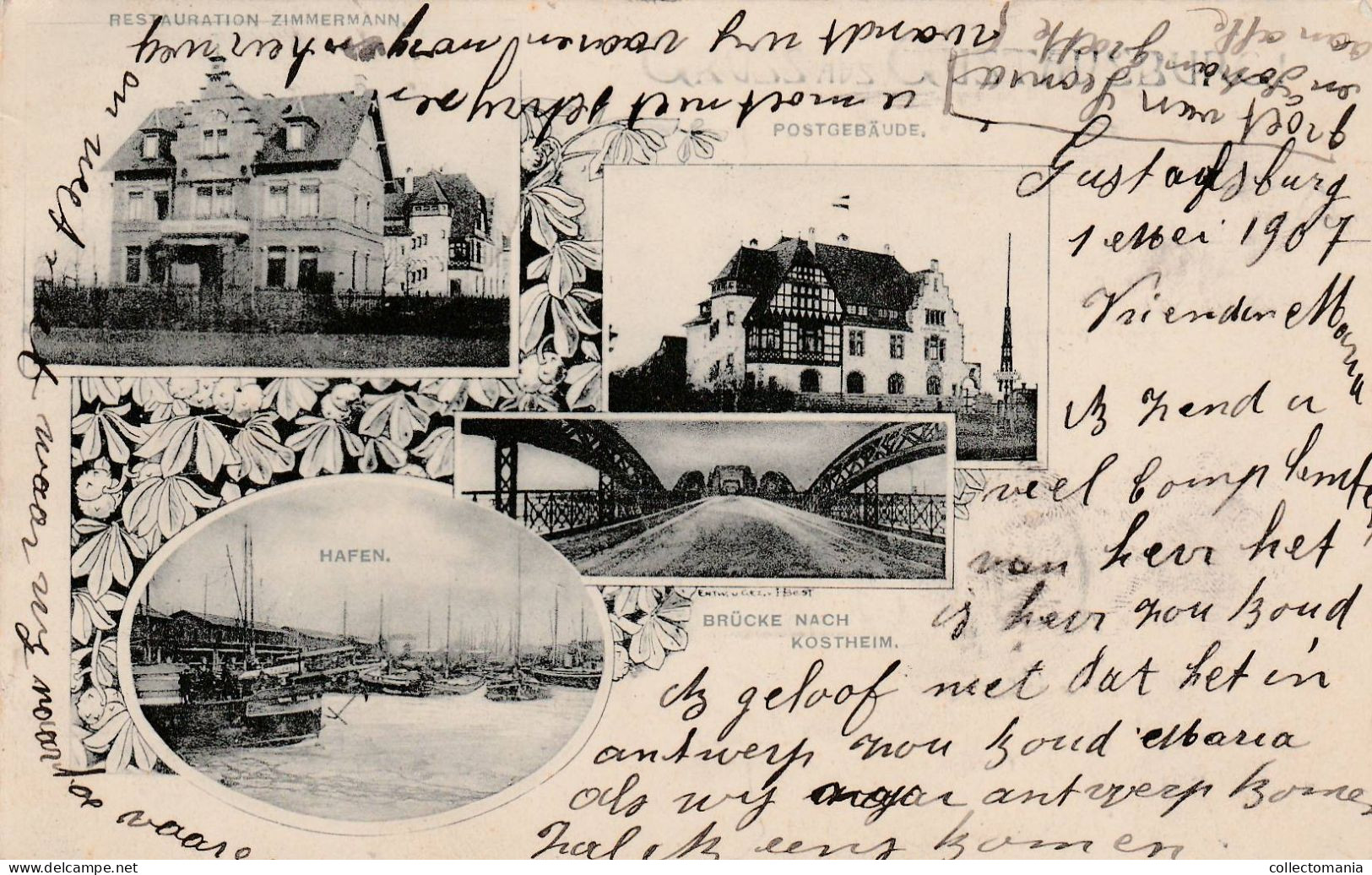 1 Oude Postkaart  Grüss Aus Gustavsburg  Restauration  Zimmerman Hafen  Postgebäude  Brücke Nach Kostheim  1907 - Gross-Gerau
