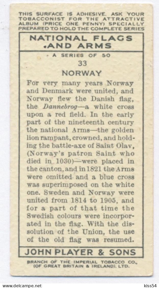 FL 17 - 33-a NORWAY National Flag & Emblem, Imperial Tabacco - 67/36 Mm - Articoli Pubblicitari