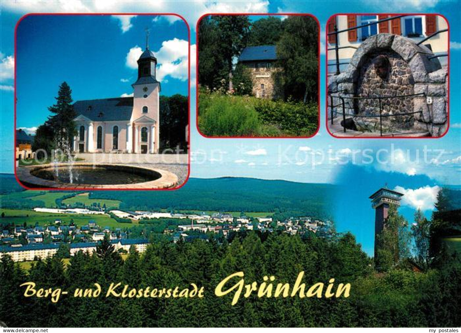 73269319 Gruenhain Erzgebirge Stadtkirche St Nikolaus Fuchsturm Moenchsbrunnen S - Grünhain