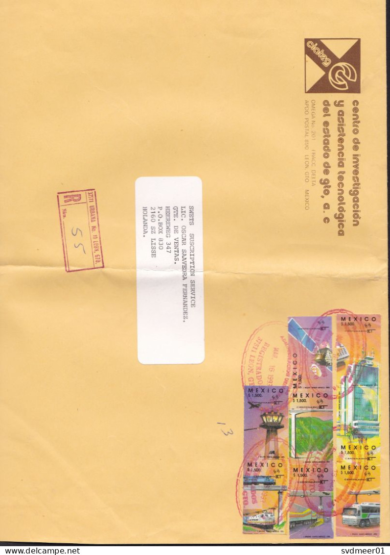 Mexico: Large Registered Cover To Netherlands, 1993, 8 Stamps, Transport, Bus, Train, Airport, Satellite (damaged: Fold) - Mexico